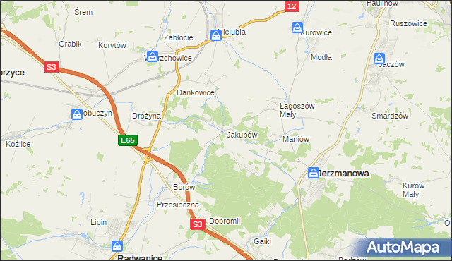 mapa Jakubów gmina Radwanice, Jakubów gmina Radwanice na mapie Targeo