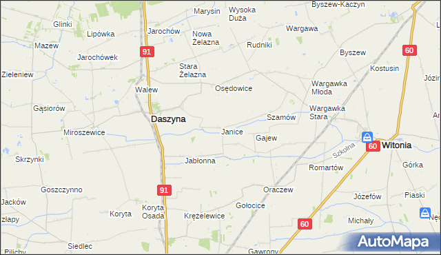 mapa Janice gmina Daszyna, Janice gmina Daszyna na mapie Targeo