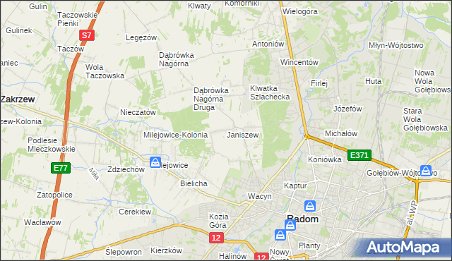mapa Janiszew gmina Zakrzew, Janiszew gmina Zakrzew na mapie Targeo