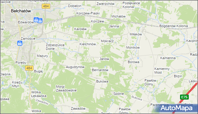 mapa Janów gmina Bełchatów, Janów gmina Bełchatów na mapie Targeo