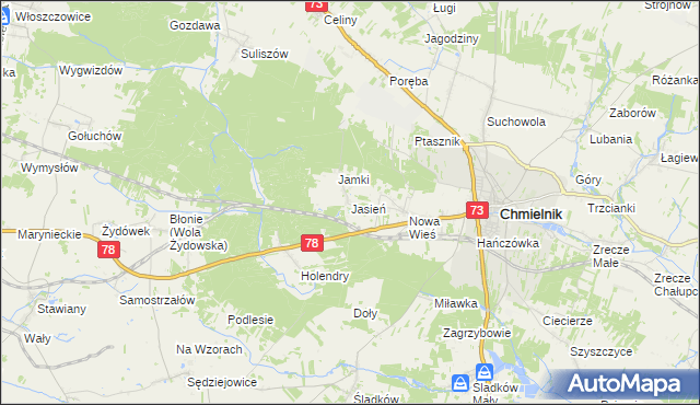 mapa Jasień gmina Chmielnik, Jasień gmina Chmielnik na mapie Targeo