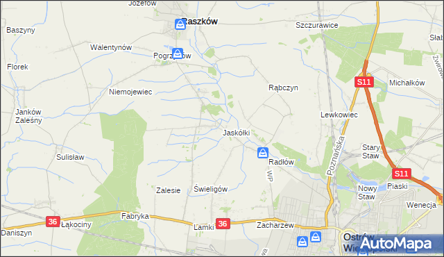 mapa Jaskółki gmina Raszków, Jaskółki gmina Raszków na mapie Targeo