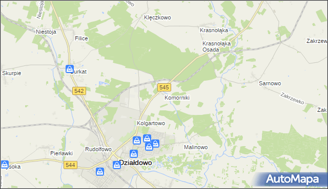 mapa Komorniki gmina Działdowo, Komorniki gmina Działdowo na mapie Targeo