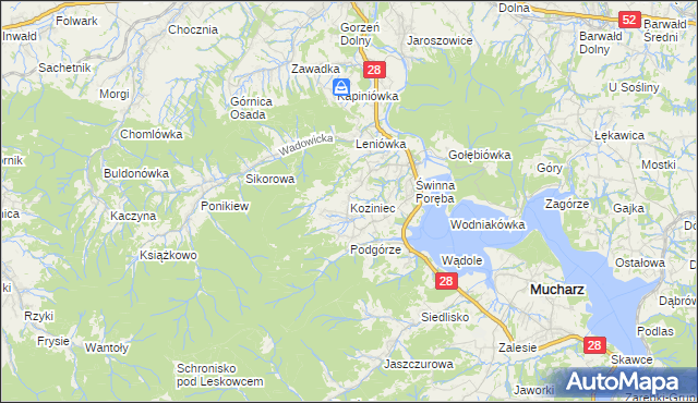mapa Koziniec gmina Mucharz, Koziniec gmina Mucharz na mapie Targeo