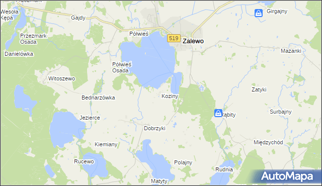 mapa Koziny gmina Zalewo, Koziny gmina Zalewo na mapie Targeo