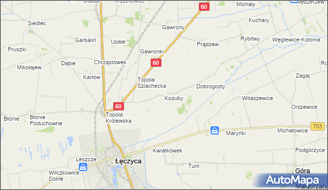 mapa Kozuby gmina Łęczyca, Kozuby gmina Łęczyca na mapie Targeo