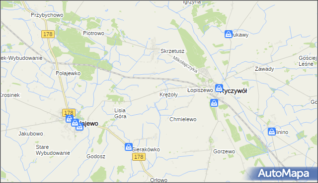 mapa Krężoły gmina Ryczywół, Krężoły gmina Ryczywół na mapie Targeo