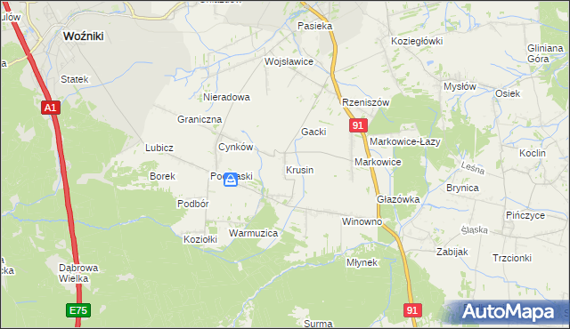 mapa Krusin gmina Koziegłowy, Krusin gmina Koziegłowy na mapie Targeo