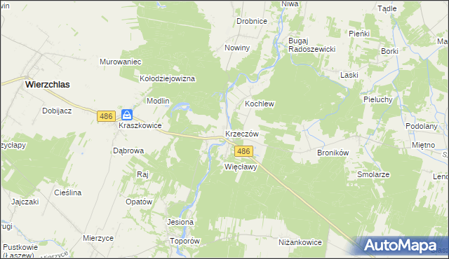 mapa Krzeczów gmina Wierzchlas, Krzeczów gmina Wierzchlas na mapie Targeo