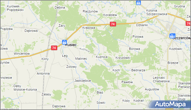 mapa Kuźnica gmina Rusiec, Kuźnica gmina Rusiec na mapie Targeo