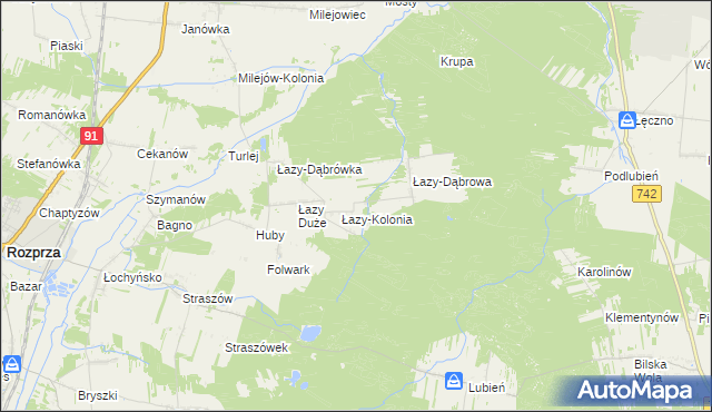 mapa Łazy gmina Sulejów, Łazy gmina Sulejów na mapie Targeo