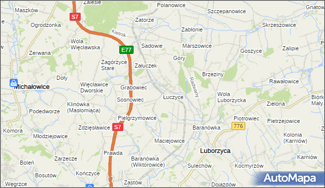 mapa Łuczyce gmina Kocmyrzów-Luborzyca, Łuczyce gmina Kocmyrzów-Luborzyca na mapie Targeo