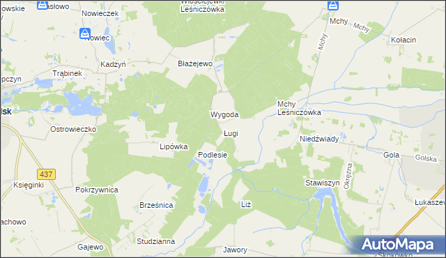 mapa Ługi gmina Książ Wielkopolski, Ługi gmina Książ Wielkopolski na mapie Targeo