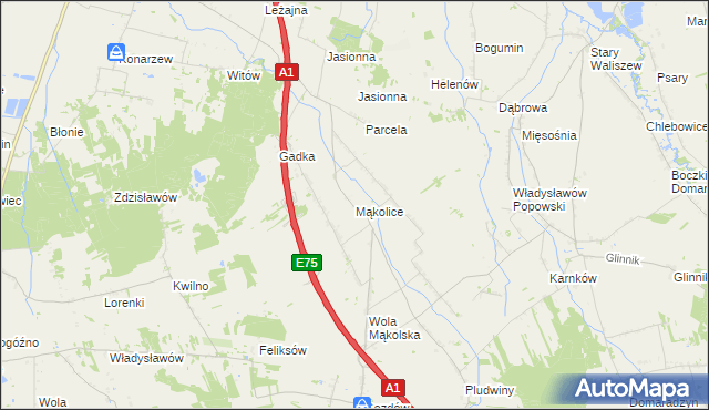 mapa Mąkolice gmina Głowno, Mąkolice gmina Głowno na mapie Targeo