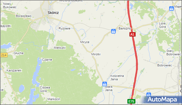 mapa Mirotki gmina Skórcz, Mirotki gmina Skórcz na mapie Targeo