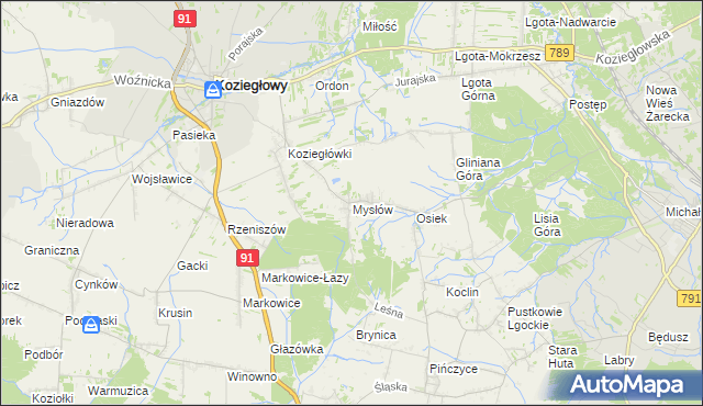 mapa Mysłów gmina Koziegłowy, Mysłów gmina Koziegłowy na mapie Targeo