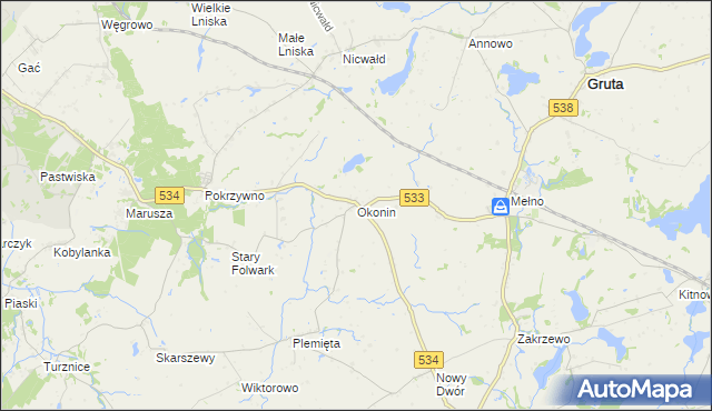 mapa Okonin gmina Gruta, Okonin gmina Gruta na mapie Targeo