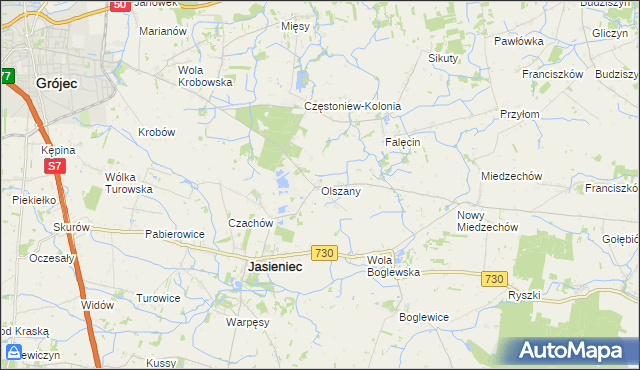 mapa Olszany gmina Jasieniec, Olszany gmina Jasieniec na mapie Targeo