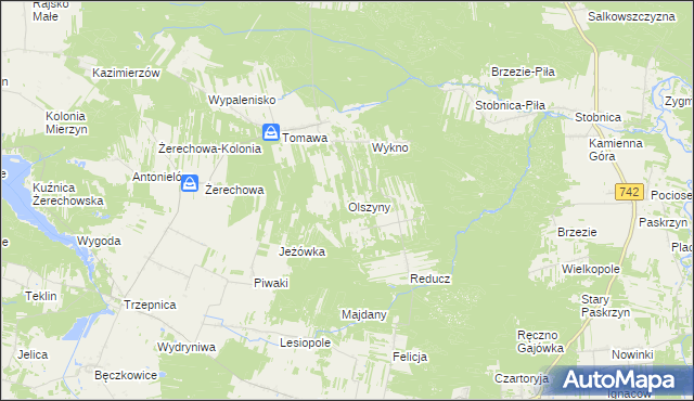 mapa Olszyny gmina Łęki Szlacheckie, Olszyny gmina Łęki Szlacheckie na mapie Targeo
