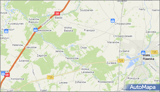 mapa Ossa gmina Biała Rawska, Ossa gmina Biała Rawska na mapie Targeo