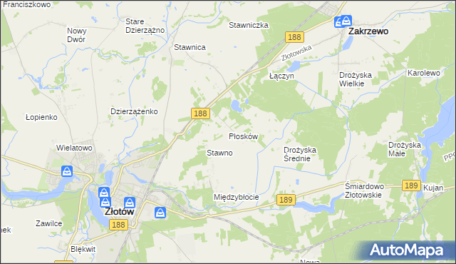 mapa Płosków gmina Złotów, Płosków gmina Złotów na mapie Targeo