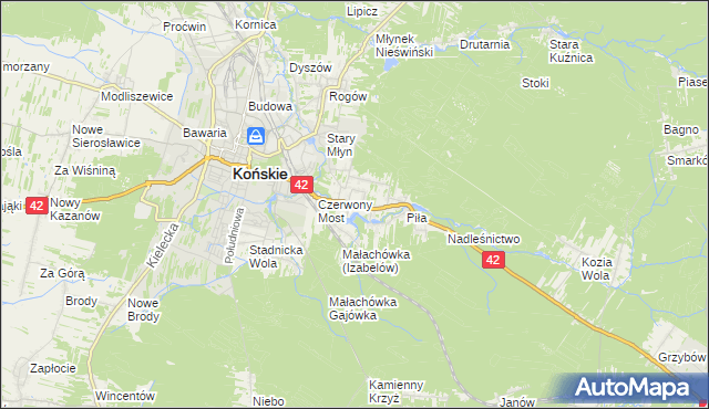 mapa Pomyków gmina Końskie, Pomyków gmina Końskie na mapie Targeo