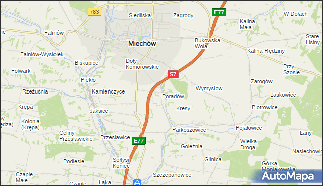 mapa Poradów gmina Miechów, Poradów gmina Miechów na mapie Targeo