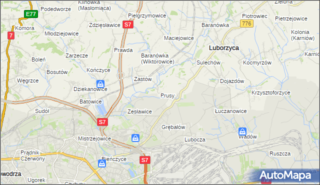 mapa Prusy gmina Kocmyrzów-Luborzyca, Prusy gmina Kocmyrzów-Luborzyca na mapie Targeo