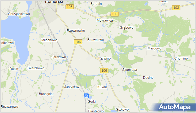 mapa Rarwino gmina Kamień Pomorski, Rarwino gmina Kamień Pomorski na mapie Targeo