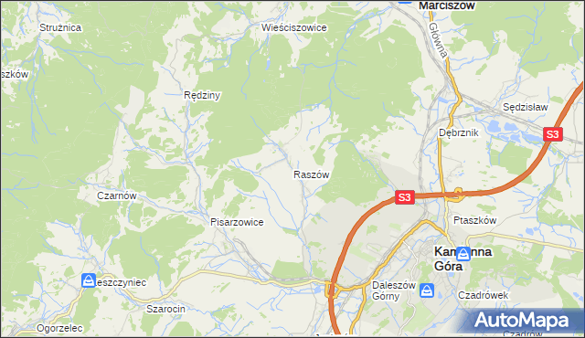 mapa Raszów gmina Kamienna Góra, Raszów gmina Kamienna Góra na mapie Targeo