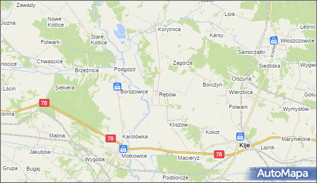 mapa Rębów gmina Kije, Rębów gmina Kije na mapie Targeo