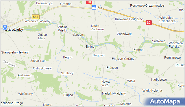 mapa Rogowo gmina Staroźreby, Rogowo gmina Staroźreby na mapie Targeo