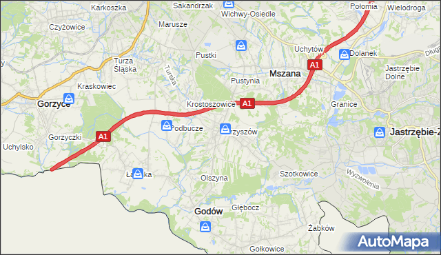 mapa Skrzyszów gmina Godów, Skrzyszów gmina Godów na mapie Targeo