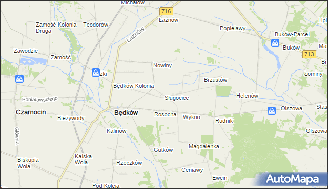 mapa Sługocice gmina Będków, Sługocice gmina Będków na mapie Targeo