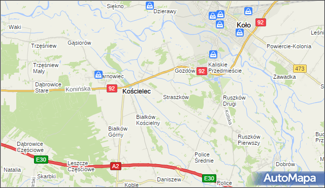 mapa Straszków gmina Kościelec, Straszków gmina Kościelec na mapie Targeo