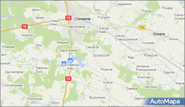 mapa Szyszczyce gmina Chmielnik, Szyszczyce gmina Chmielnik na mapie Targeo