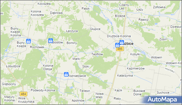 mapa Teofilów gmina Drużbice, Teofilów gmina Drużbice na mapie Targeo