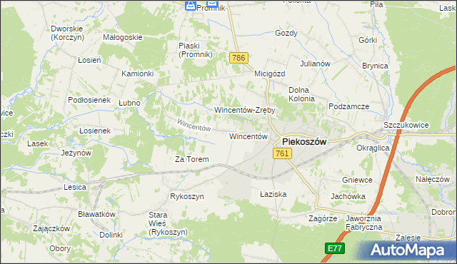 mapa Wincentów gmina Piekoszów, Wincentów gmina Piekoszów na mapie Targeo