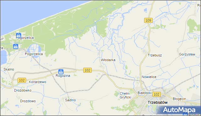 mapa Włodarka gmina Trzebiatów, Włodarka gmina Trzebiatów na mapie Targeo