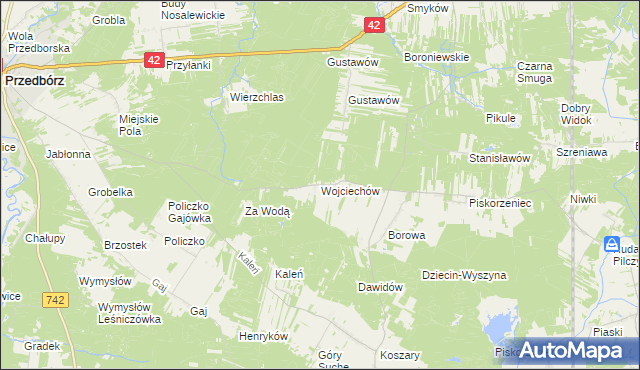 mapa Wojciechów gmina Przedbórz, Wojciechów gmina Przedbórz na mapie Targeo