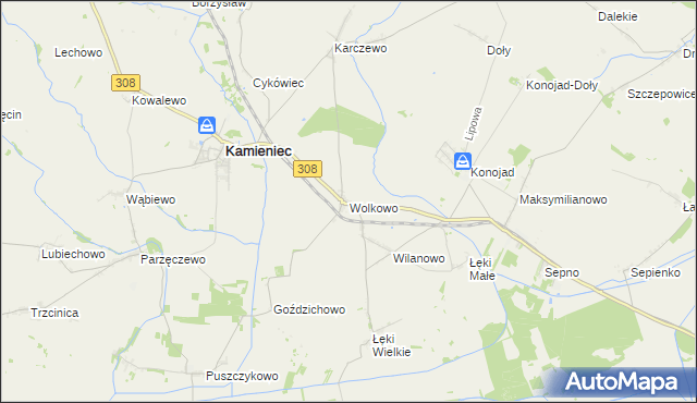 mapa Wolkowo gmina Kamieniec, Wolkowo gmina Kamieniec na mapie Targeo