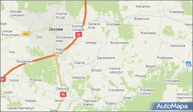 mapa Zapowiednik gmina Złoczew, Zapowiednik gmina Złoczew na mapie Targeo
