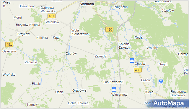 mapa Zawady gmina Widawa, Zawady gmina Widawa na mapie Targeo