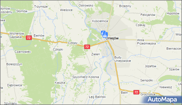 mapa Zieleń gmina Uniejów, Zieleń gmina Uniejów na mapie Targeo