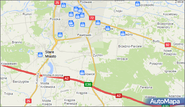 mapa Żychlin gmina Stare Miasto, Żychlin gmina Stare Miasto na mapie Targeo