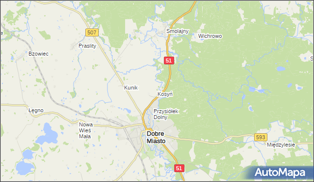 mapa Kosyń gmina Dobre Miasto, Kosyń gmina Dobre Miasto na mapie Targeo