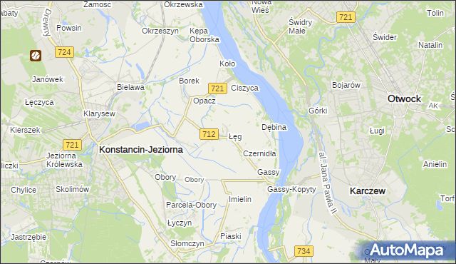 mapa Łęg gmina Konstancin-Jeziorna, Łęg gmina Konstancin-Jeziorna na mapie Targeo