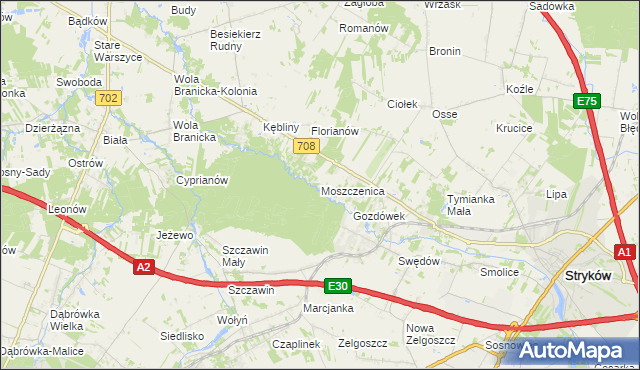 mapa Moszczenica gmina Zgierz, Moszczenica gmina Zgierz na mapie Targeo