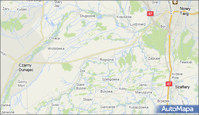 mapa Rogoźnik gmina Nowy Targ, Rogoźnik gmina Nowy Targ na mapie Targeo