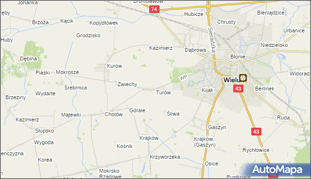 mapa Turów gmina Wieluń, Turów gmina Wieluń na mapie Targeo